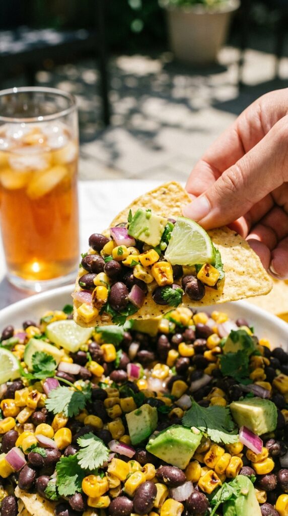 A close-up of a tortilla chip scooping up black bean and corn salad.