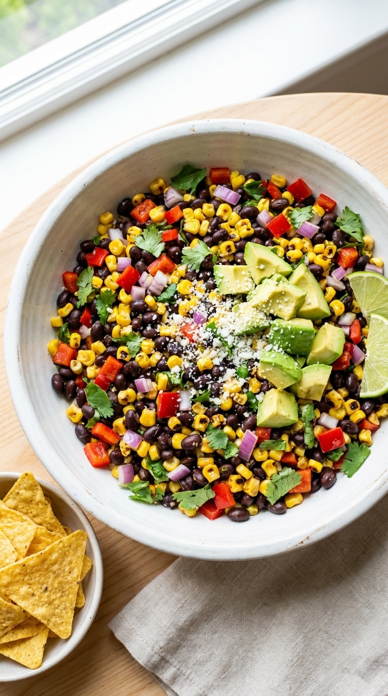 A top-down view of a colorful black bean and corn salad in a white bowl with lime wedges and chips.