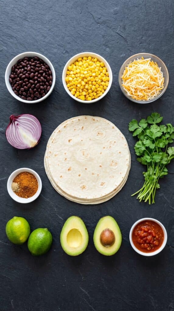 A flat lay showing flour tortillas, black beans, corn, shredded cheese, red onion, and cilantro on a slate board.