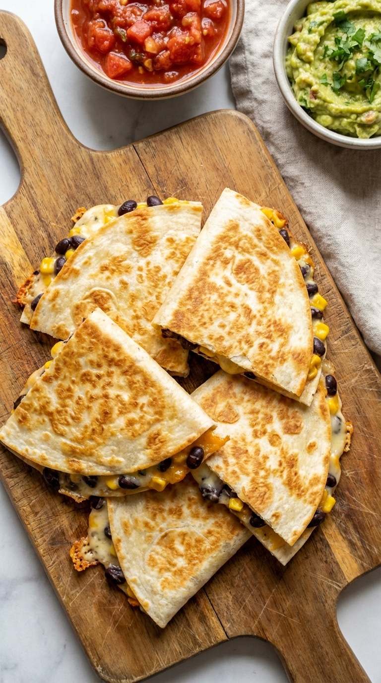 A plate of golden-brown quesadilla wedges filled with black beans, corn, and melted cheese, served with salsa and guacamole.