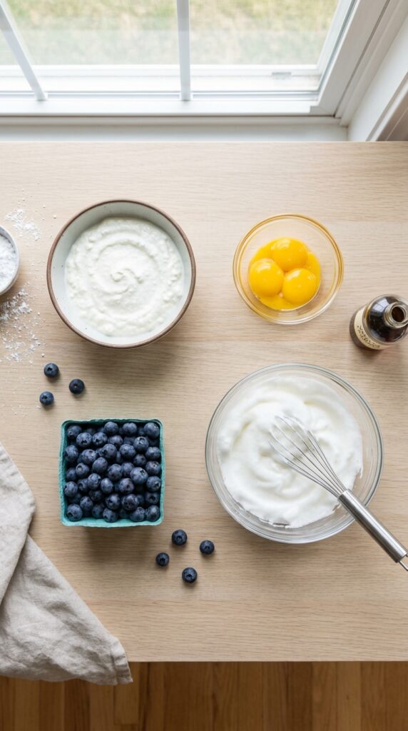 A flat lay showing whipped egg whites, blended cottage cheese, egg yolks, fresh blueberries, and vanilla on a wooden board.
