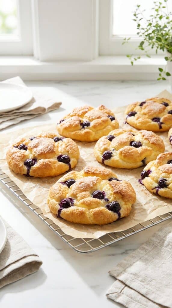 Hands tearing apart a fluffy blueberry cloud bread, revealing the airy inside and juicy berries.