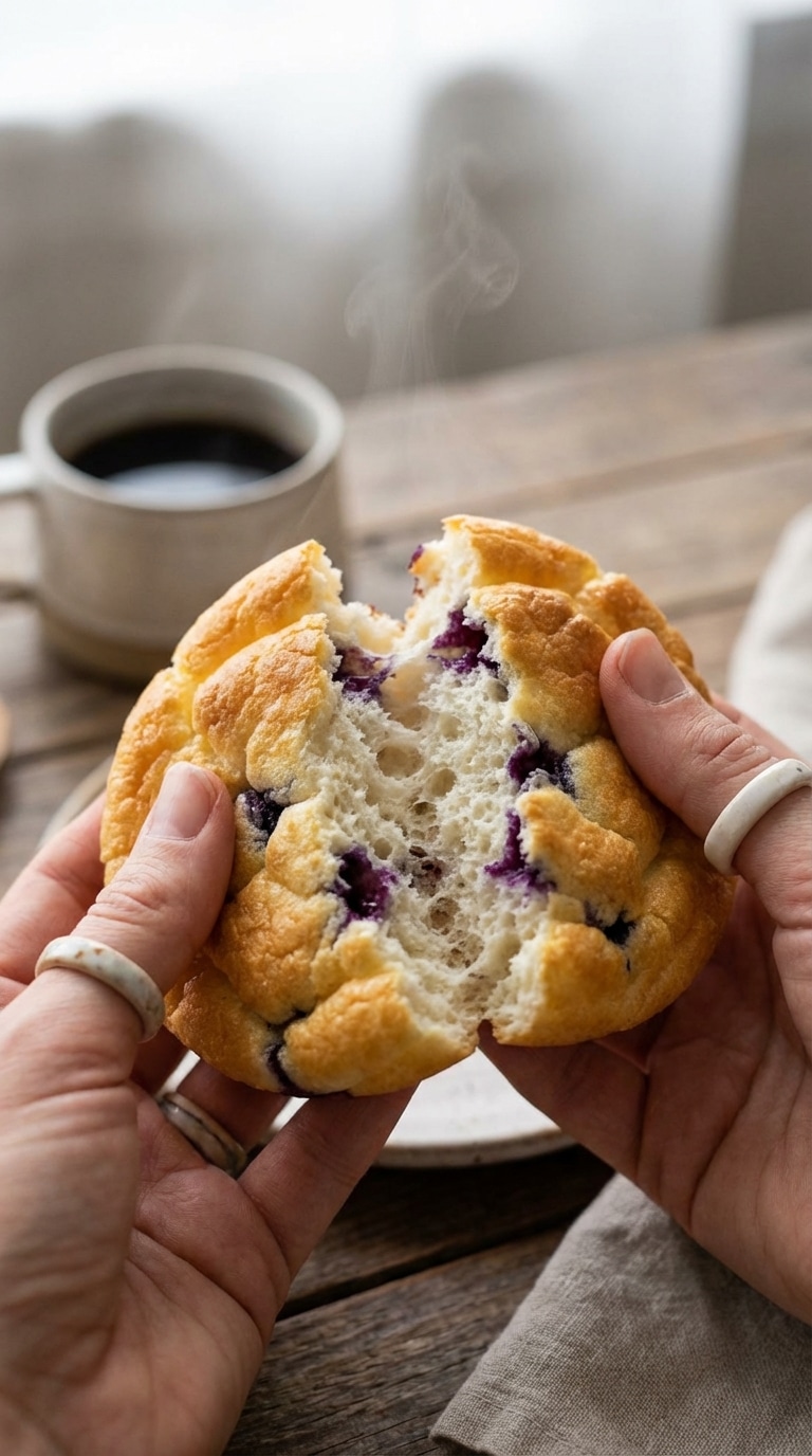 Several round, fluffy, golden-brown cloud breads studded with baked blueberries on a wire cooling rack.
