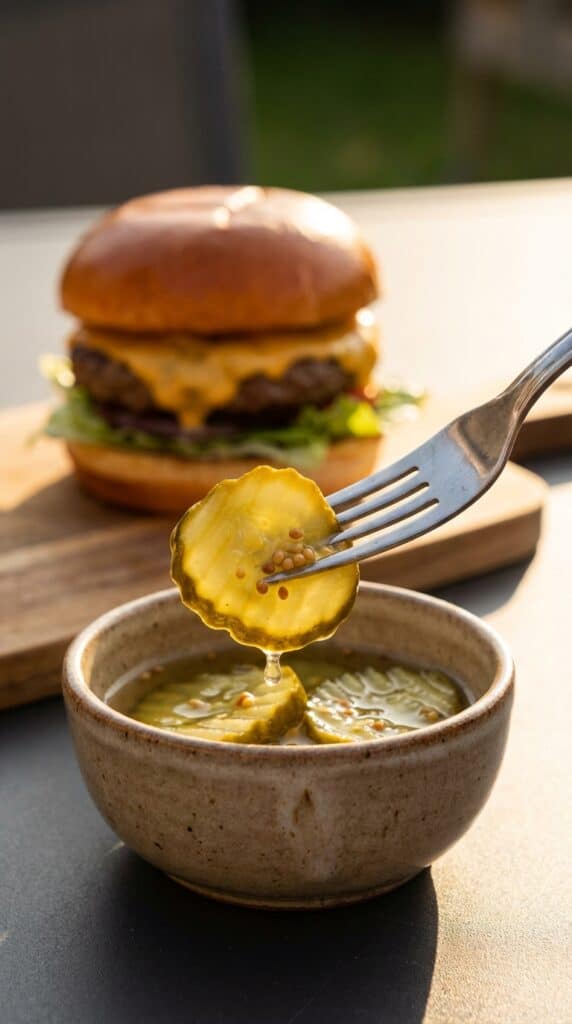 A close-up of a fork holding a crinkle-cut pickle slice with a burger in the background.
