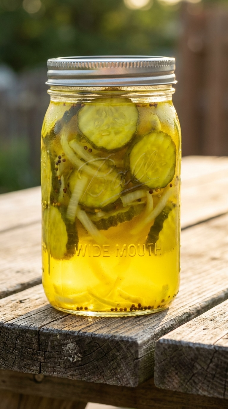 A backlit mason jar filled with bright yellow bread and butter pickles, onions, and mustard seeds.