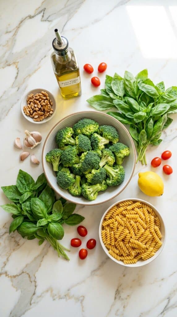An overhead flat lay showing fresh broccoli, basil, dry pasta, cherry tomatoes, walnuts, garlic, lemon, and olive oil on a marble counter.