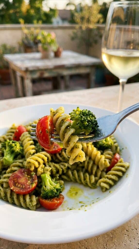 A close-up of a fork lifting a bite of green pesto pasta with a cherry tomato, with a sunny patio in the background