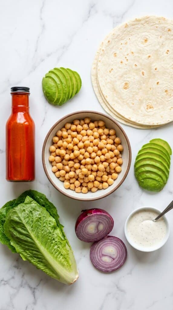 A flat lay showing a bowl of chickpeas, buffalo sauce, tortillas, lettuce, avocado, red onion, and dressing on a marble counter.