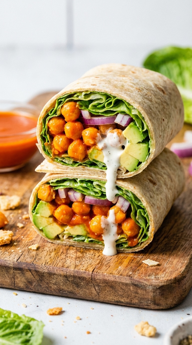 Warning: Things are about to get messy (and delicious). 🤤🌯 The combination of fiery buffalo chickpeas and cooling ranch dressing is unbeatable. The perfect crunch in every bite! Who needs a bite of this right now? #LunchTime #WrapItUp #ForkYeah #BuffaloSauce #HealthyEats