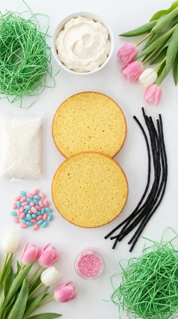 A flat lay showing cake layers, white frosting, coconut, jelly beans, and licorice laces.