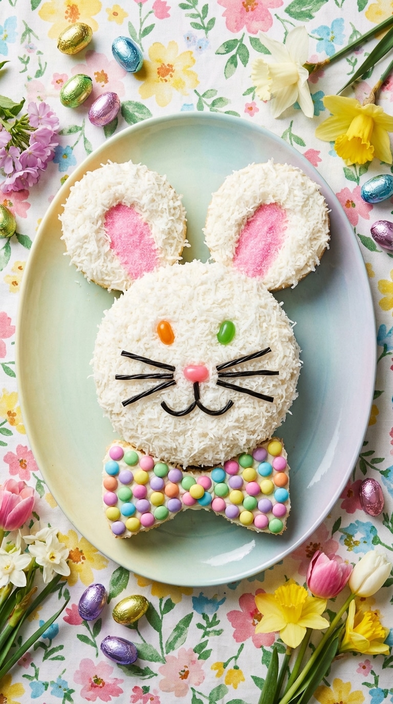 A top-down view of a coconut-covered bunny cake with candy eyes, licorice whiskers, and a candy bowtie.