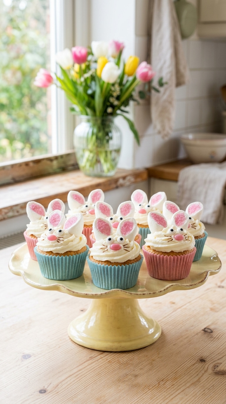 A cake stand filled with decorated vanilla cupcakes that look like white bunnies with marshmallow ears and pink noses.