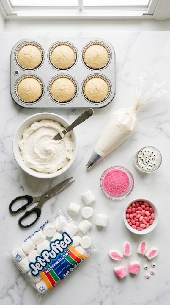 An overhead flat lay showing cupcakes, frosting, marshmallows, pink sugar, candy eyes, and jelly beans on a marble board.