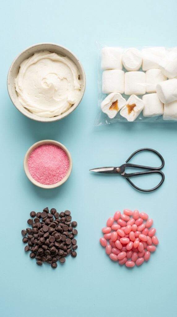 A flat lay showing marshmallows, pink sugar, scissors, chocolate chips, and frosting ingredients.