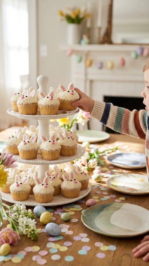 A child's hand reaching for a bunny cupcake from a serving stand at an Easter party.