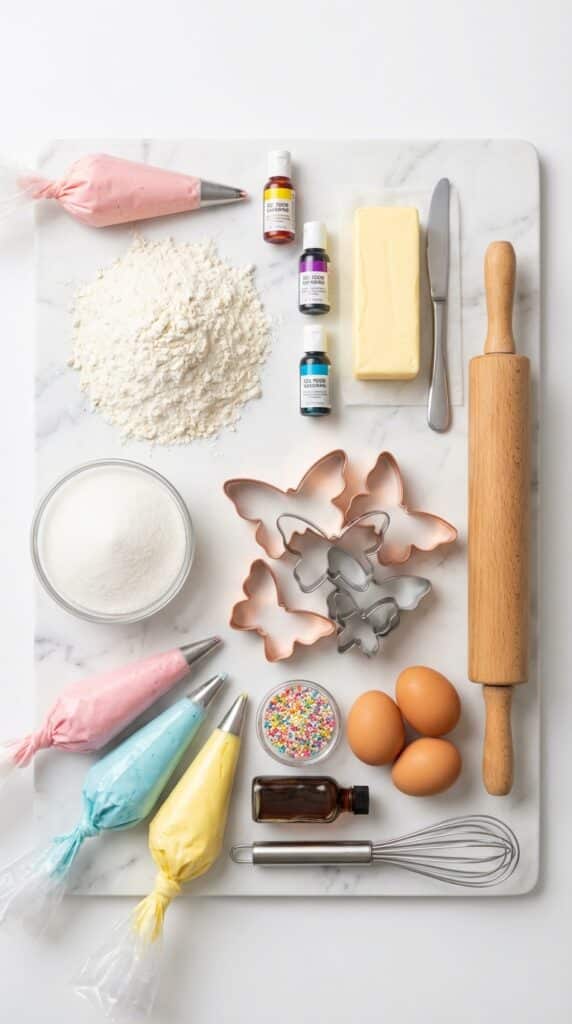 A flat lay showing flour, butter, sugar, piping bags, and butterfly cookie cutters on a marble surface.