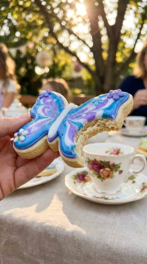 A hand holding a butterfly cookie with a bite taken out of it, set against a garden background.