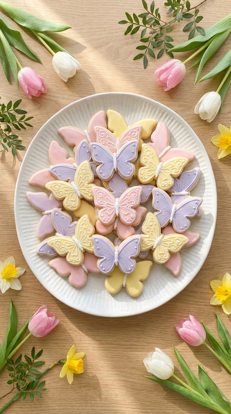 A platter of butterfly-shaped sugar cookies decorated with pastel royal icing and sprinkles, surrounded by spring flowers.
