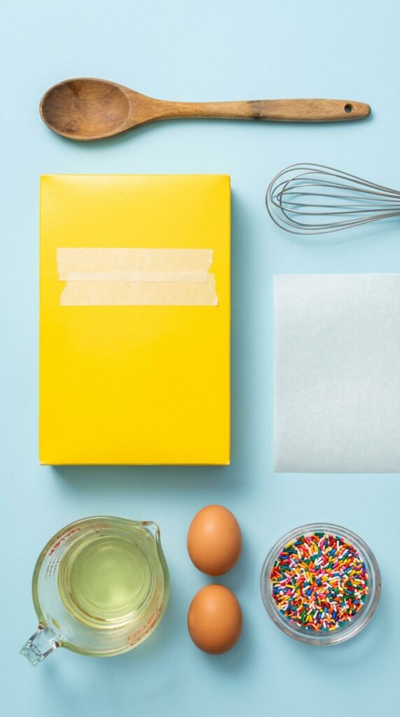 A flat lay showing a box of cake mix, a cup of oil, two eggs, and a bowl of sprinkles.