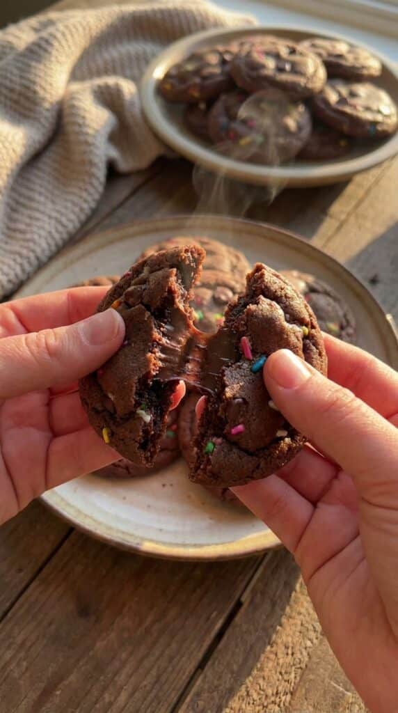 A close-up of hands breaking a soft sprinkle cookie in half, showing a gooey, cake-like interior.