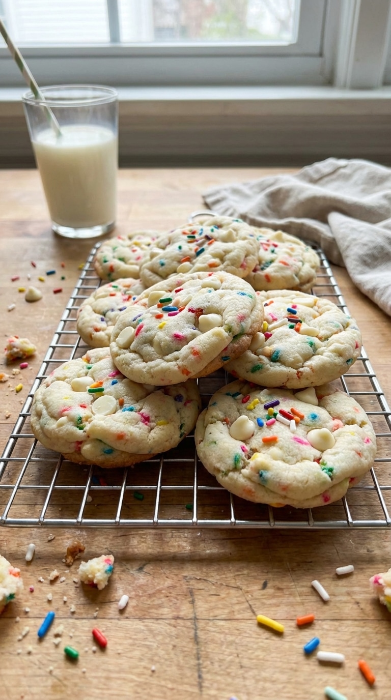 A stack of soft, thick confetti cookies with rainbow sprinkles and white chocolate chips on a cooling rack.