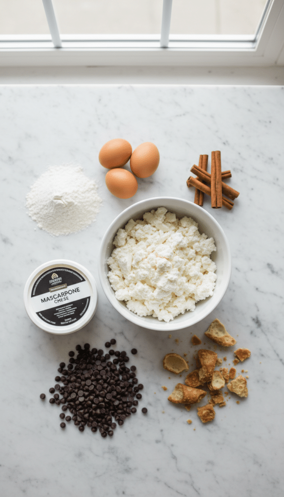 A flat lay showing ricotta cheese, mascarpone, mini chocolate chips, eggs, flour, and broken cannoli shells on a marble board.