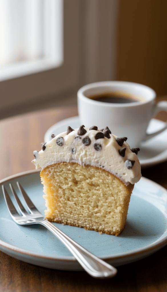 A close-up cross-section of a halved cannoli cupcake showing the moist cake and thick chocolate chip ricotta frosting.