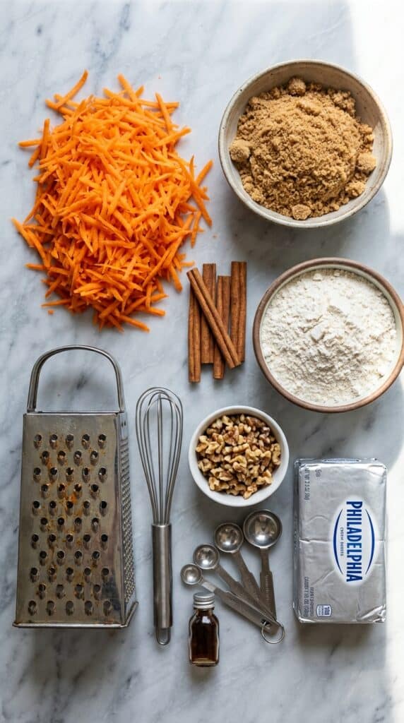 A flat lay showing shredded carrots, brown sugar, flour, walnuts, and cream cheese on a marble table.