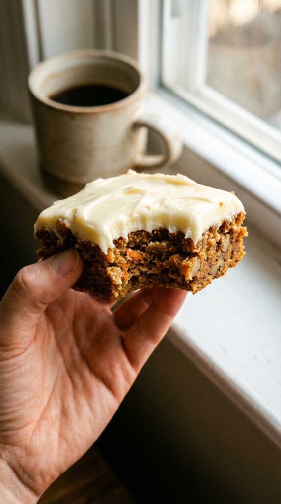 A close-up of a hand holding a bitten carrot cake bar, showing the moist texture and thick frosting.