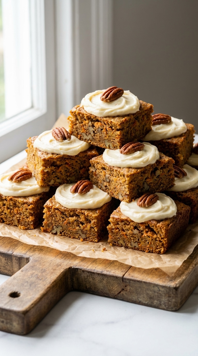 A stack of frosted carrot cake bars on a wooden board, topped with pecans.