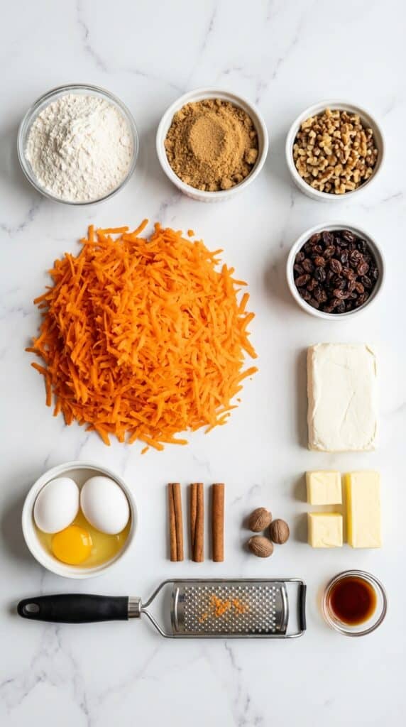 A flat lay showing grated carrots, cinnamon sticks, flour, cream cheese, and walnuts on a marble table.