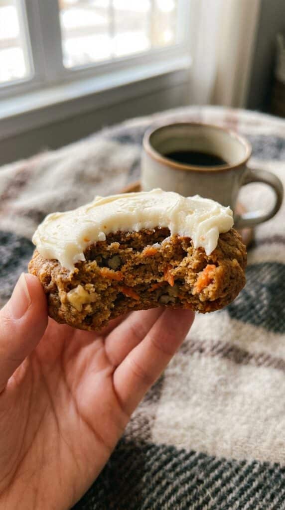 A close-up of a hand holding a bitten carrot cake cookie, showing the soft inside texture.