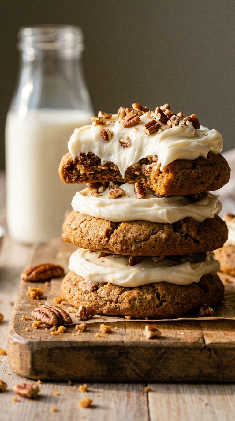 A stack of soft carrot cake cookies with cream cheese frosting and pecans on a wooden board.