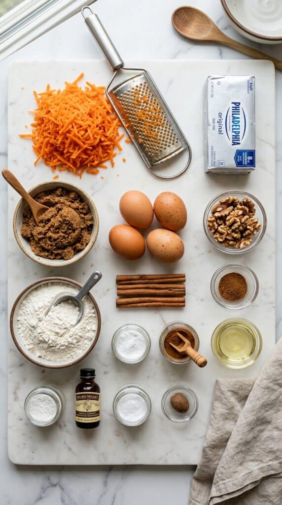 An overhead flat lay showing grated carrots, a box grater, cream cheese, eggs, flour, and spices on a marble table.
