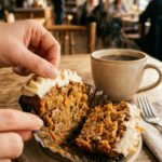 A close-up of a carrot cake cupcake cut in half, showing the moist interior crumb with carrots and walnuts.