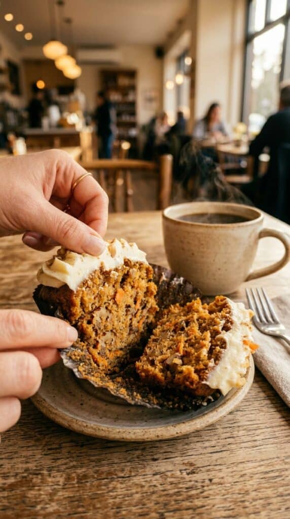 A close-up of a carrot cake cupcake cut in half, showing the moist interior crumb with carrots and walnuts.