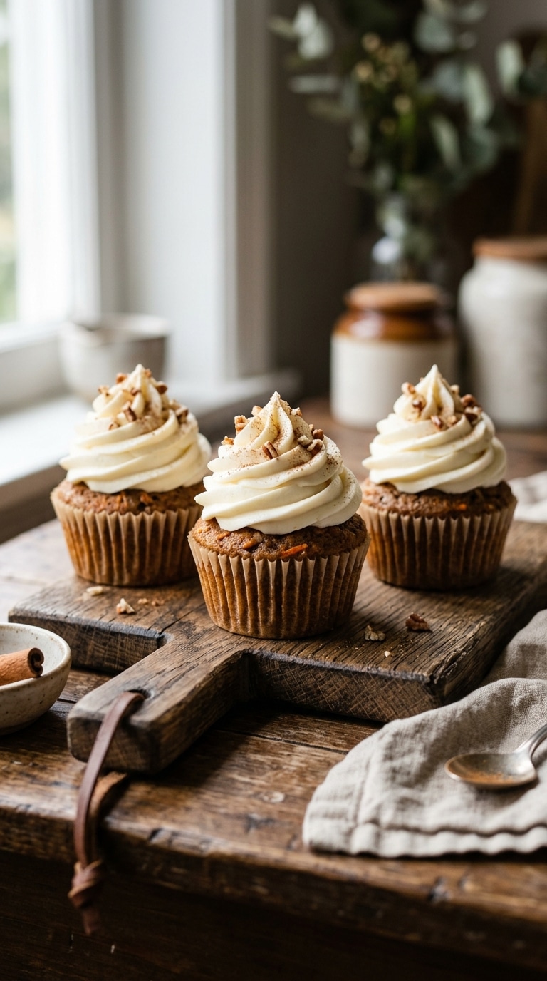 Three frosted carrot cake cupcakes topped with crushed pecans on a rustic wooden board.