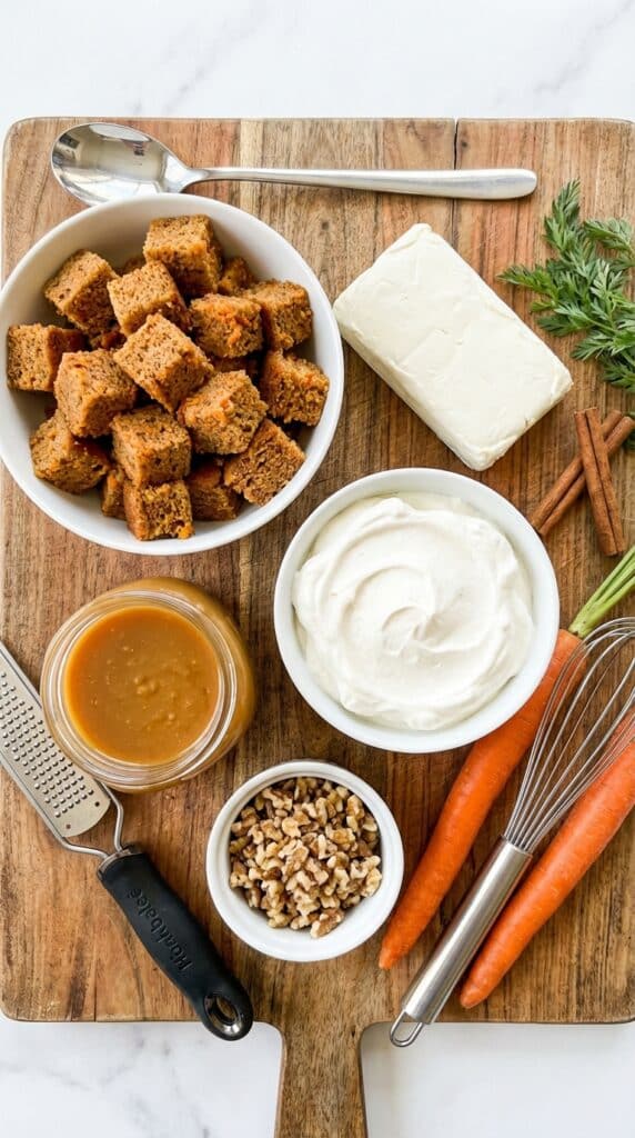A flat lay showing cubes of carrot cake, cream cheese, whipped cream, caramel, and walnuts on a board.