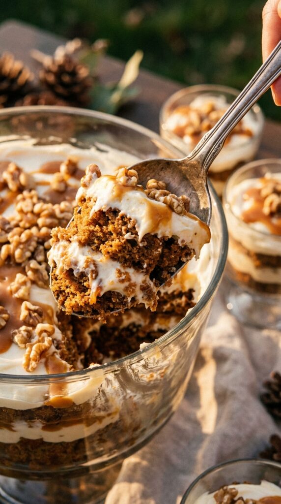 A close-up of a spoon lifting a scoop of carrot cake trifle with caramel and cream.