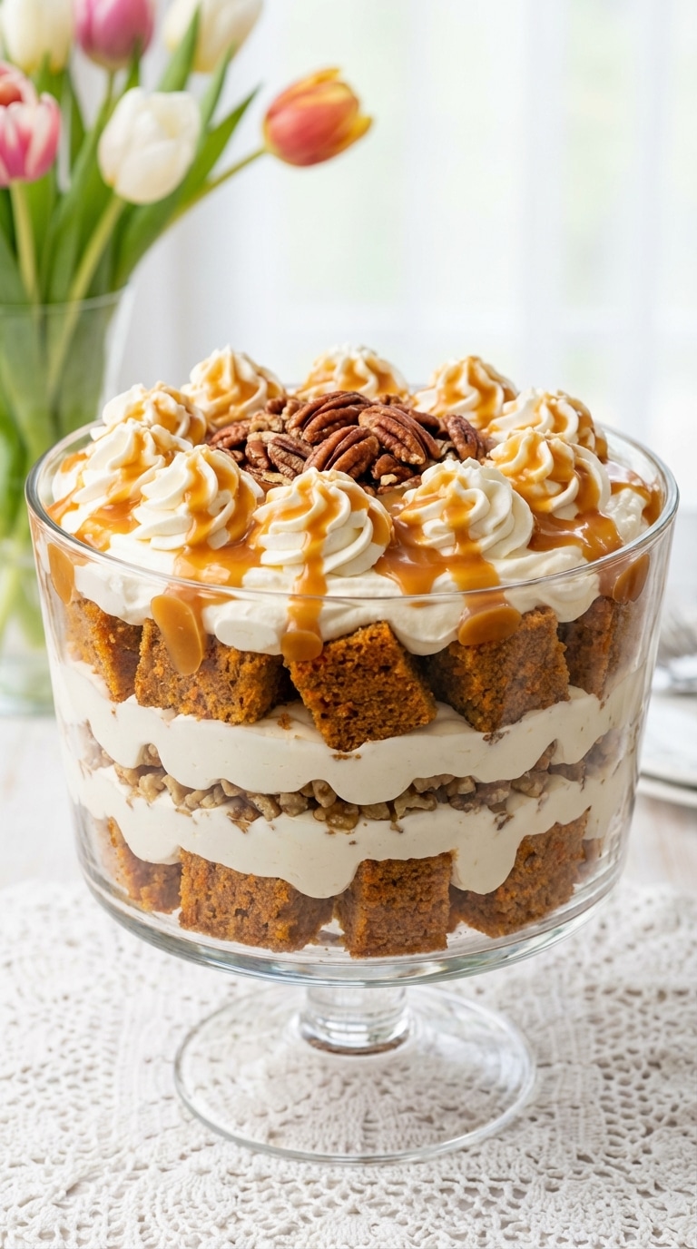A large glass trifle bowl filled with layers of carrot cake, white cream, and nuts, topped with caramel.