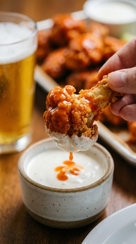 A close-up of a crispy buffalo cauliflower wing being dipped into a bowl of creamy ranch dressing.
