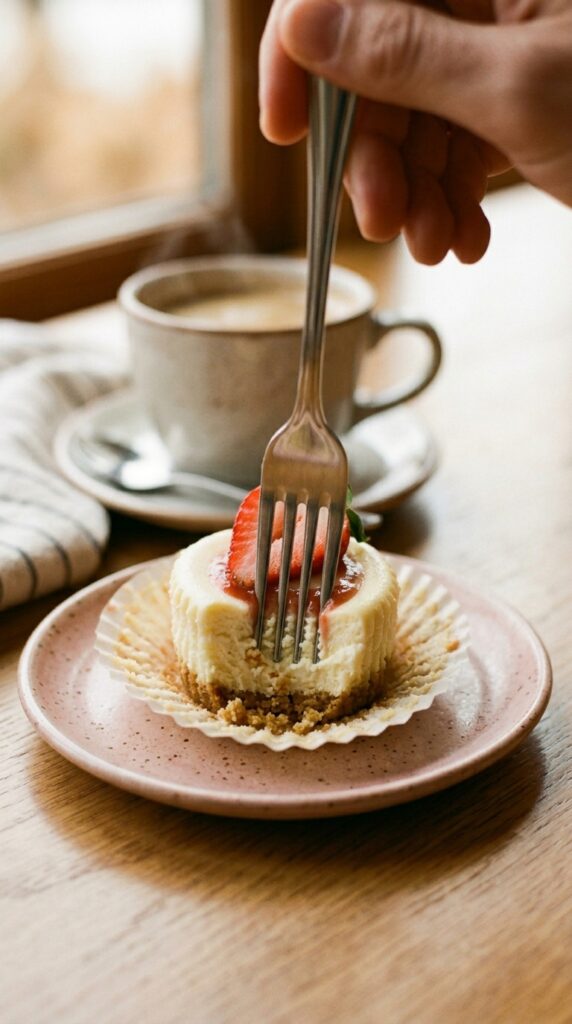 A close-up of a fork cutting into a mini cheesecake cupcake on a plate, showing the creamy texture.