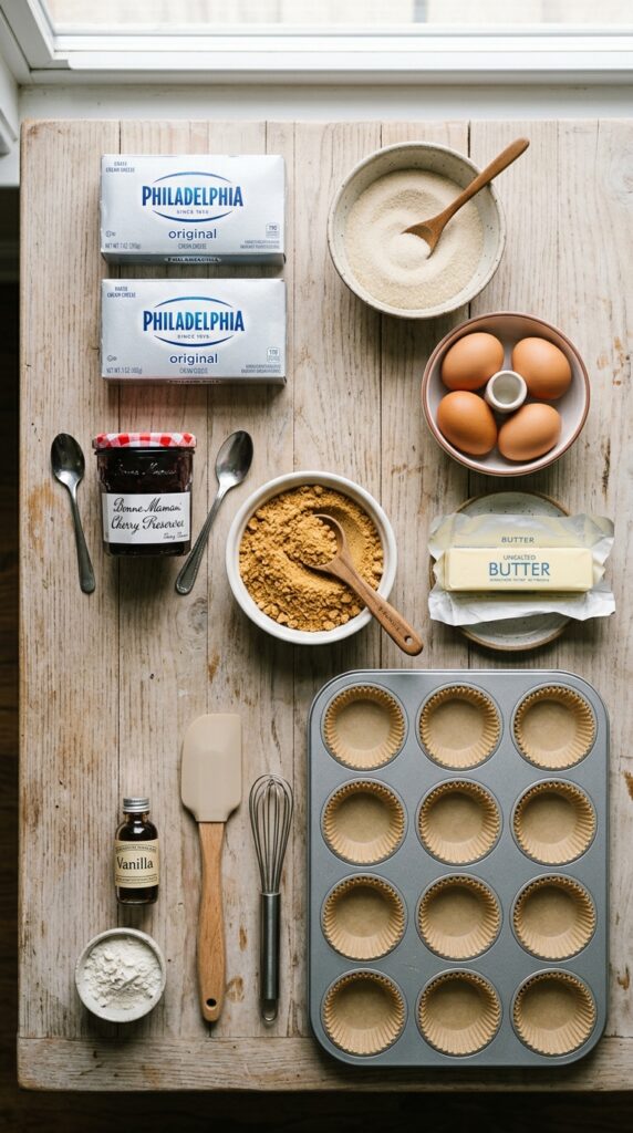 A flat lay showing cream cheese blocks, eggs, graham cracker crumbs, butter, sugar, and cherry preserves on a wooden board.