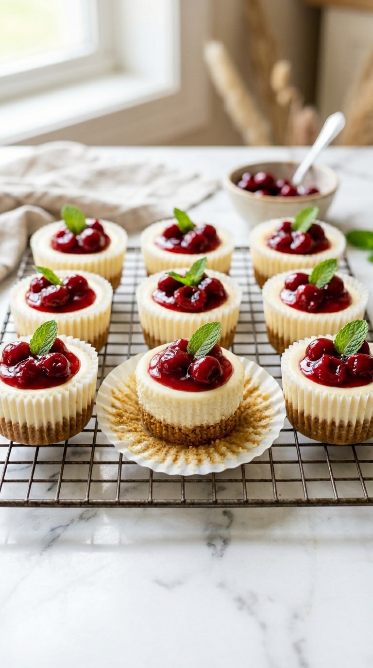 A wire rack of mini cheesecake cupcakes with graham cracker crusts, topped with glossy red cherry sauce.