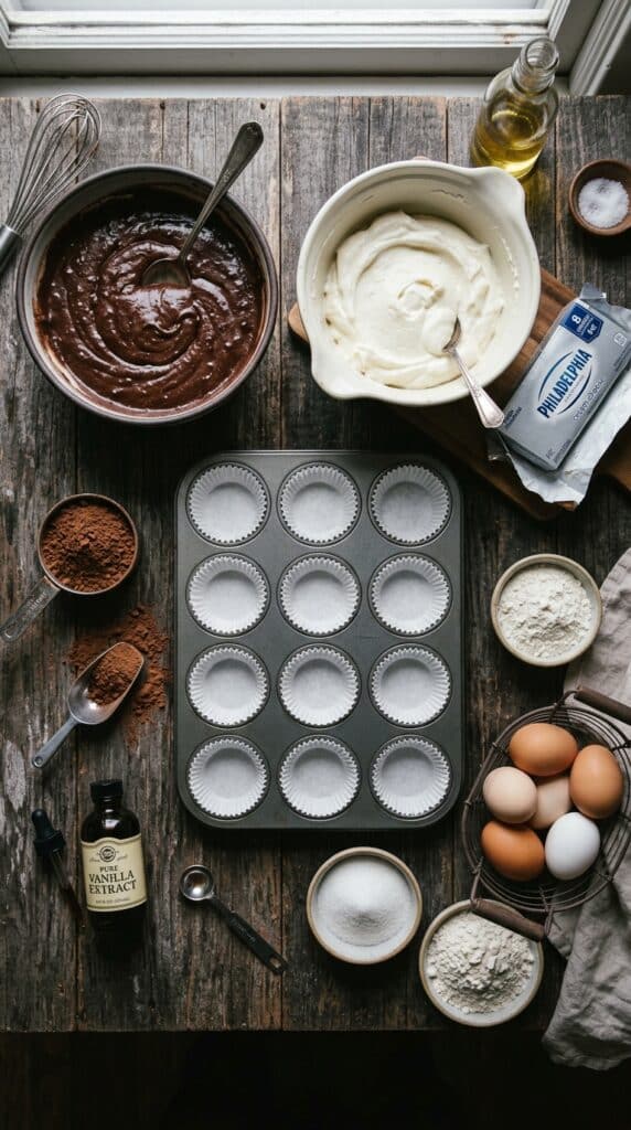 A flat lay showing a bowl of chocolate batter, a bowl of cream cheese filling, cocoa powder, eggs, and a muffin tin.
