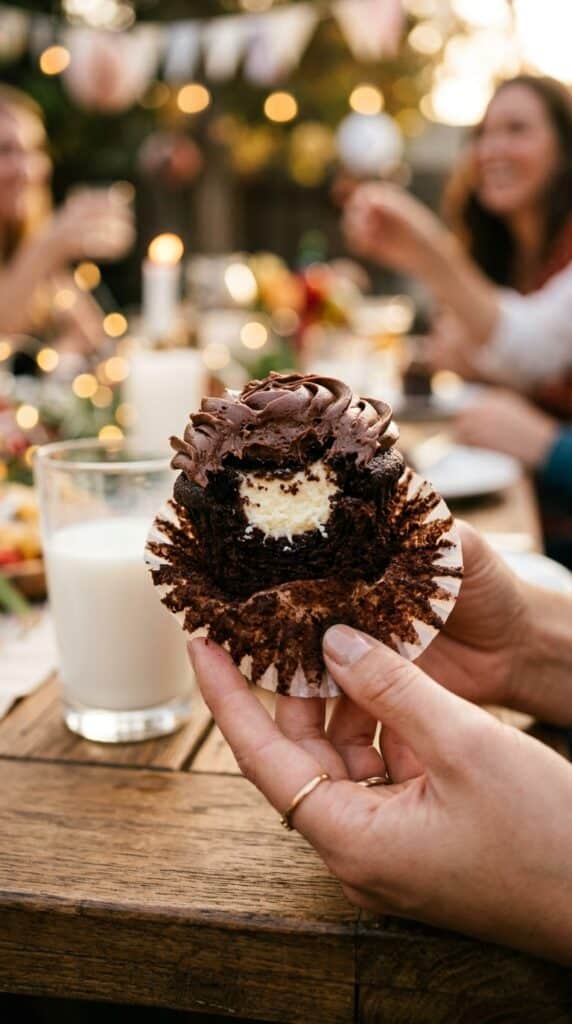 A hand holding a unwrapped chocolate cupcake with a bite taken out, showing the cheesecake filling inside.