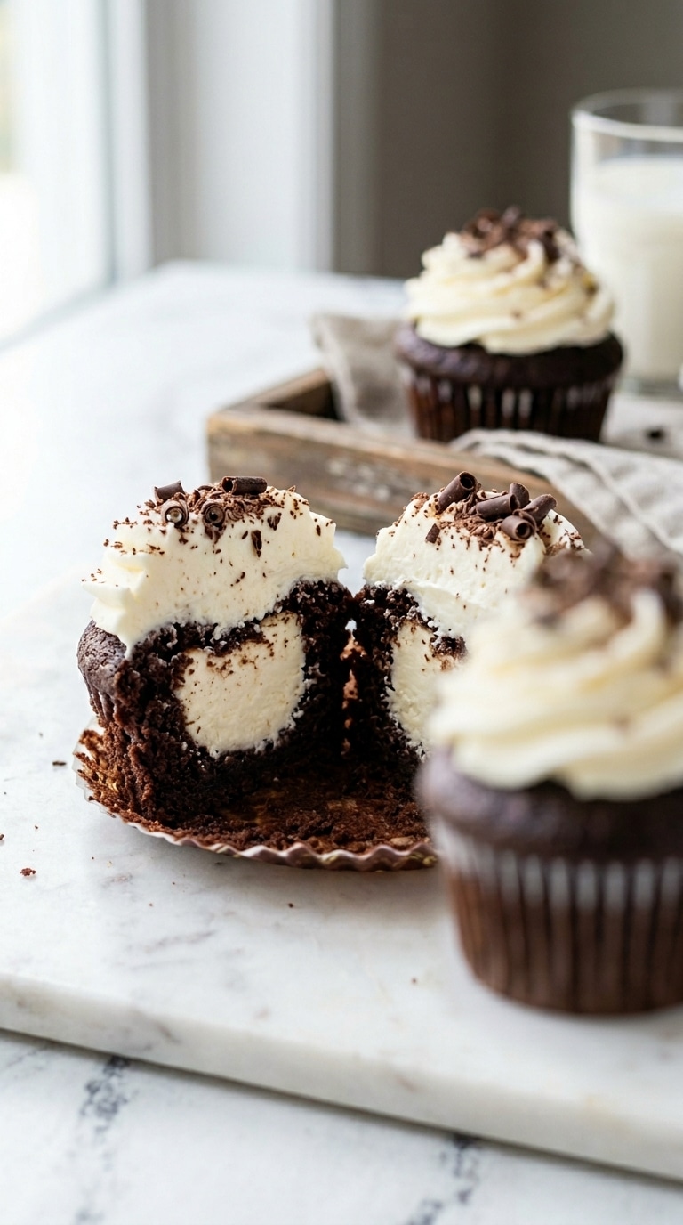 A chocolate cupcake cut in half, revealing a round, creamy white cheesecake center inside, topped with frosting.