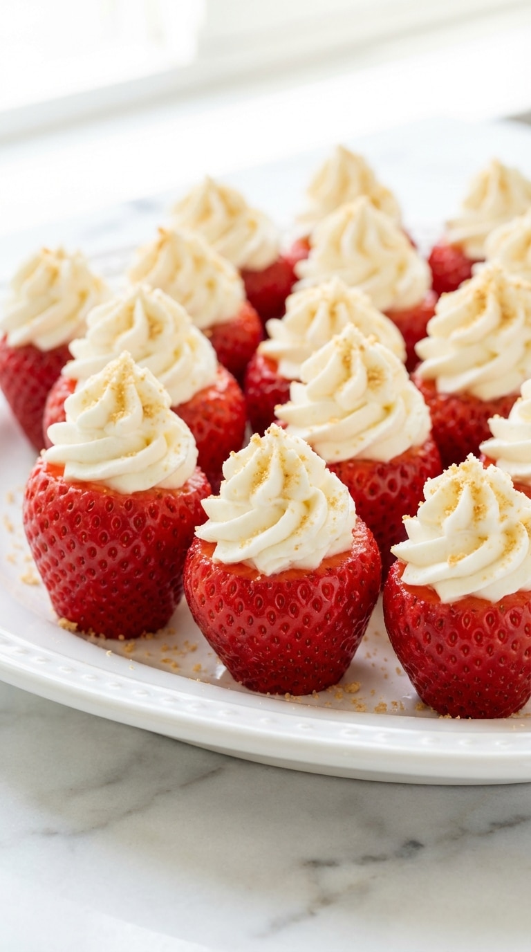 A white platter filled with fresh red strawberries, each piped with a swirl of white cheesecake filling and dusted with graham cracker crumbs.
