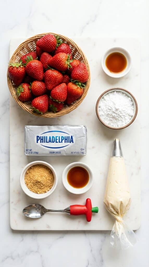 A flat lay showing fresh strawberries, cream cheese, powdered sugar, and graham cracker crumbs on a marble board.