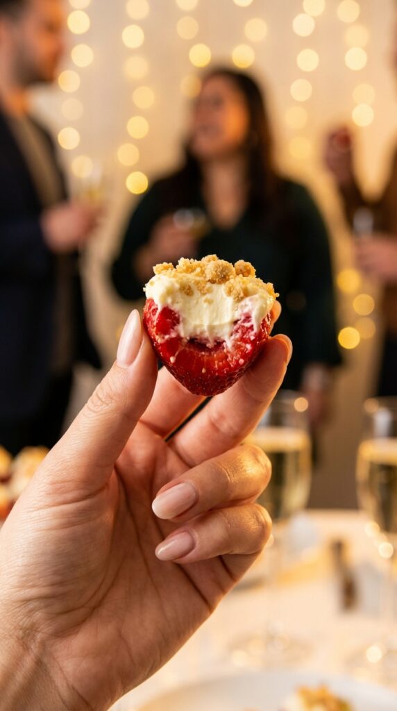 A close-up of a hand holding a bitten cheesecake-stuffed strawberry, showing the filling inside.